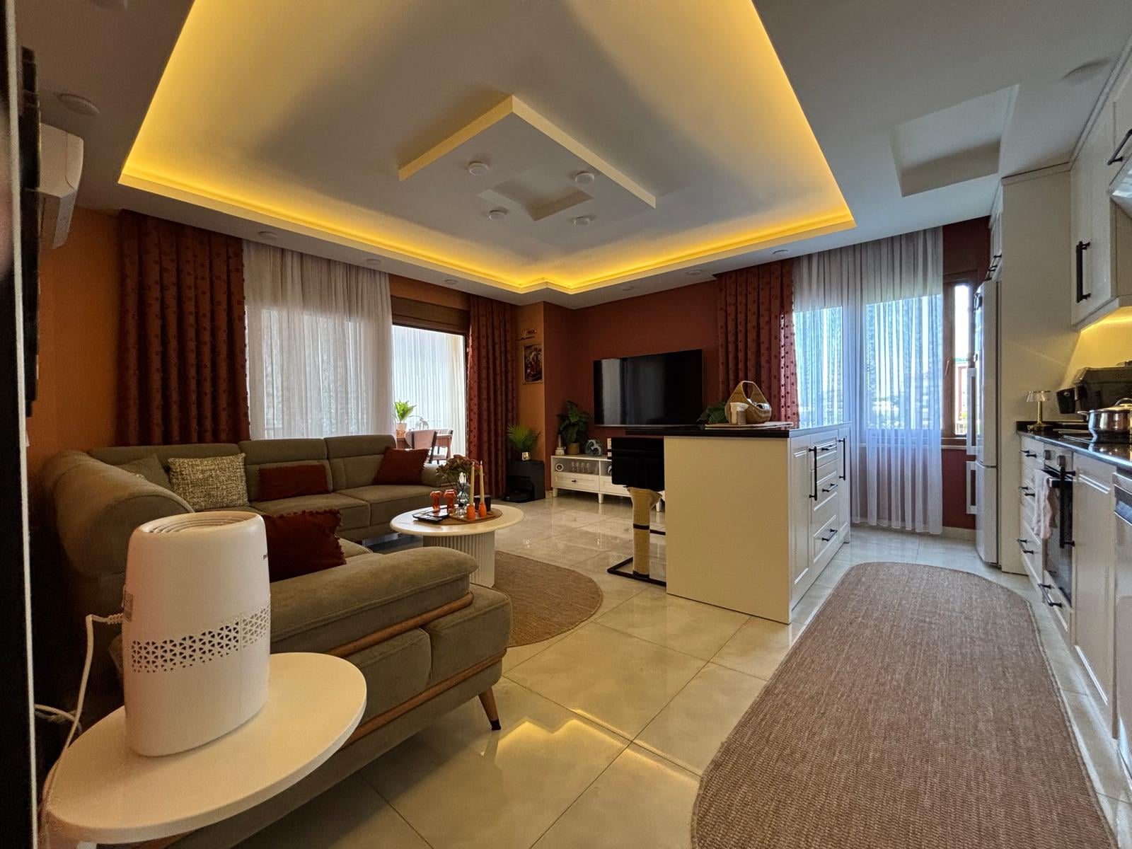 Furnished Apartment with Modern Decor, Living Room and Kitchen