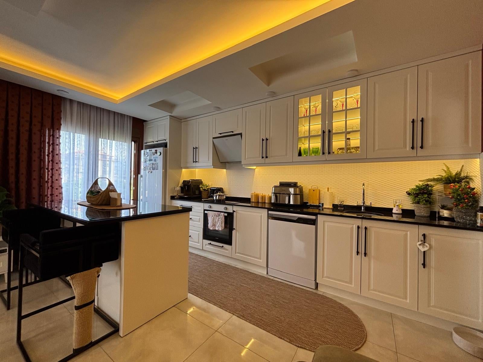 Furnished Apartment with Modern Decor, Living Room and Kitchen
