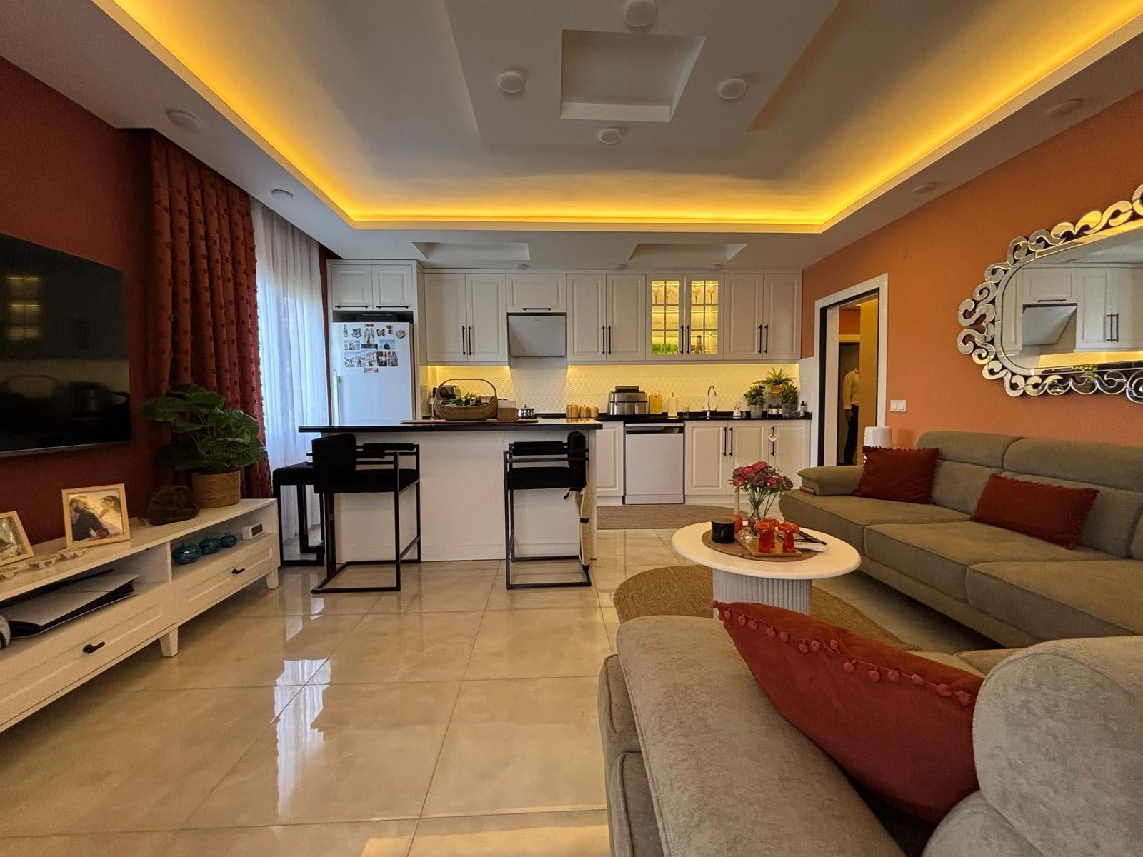 Furnished Apartment with Modern Decor, Living Room and Kitchen