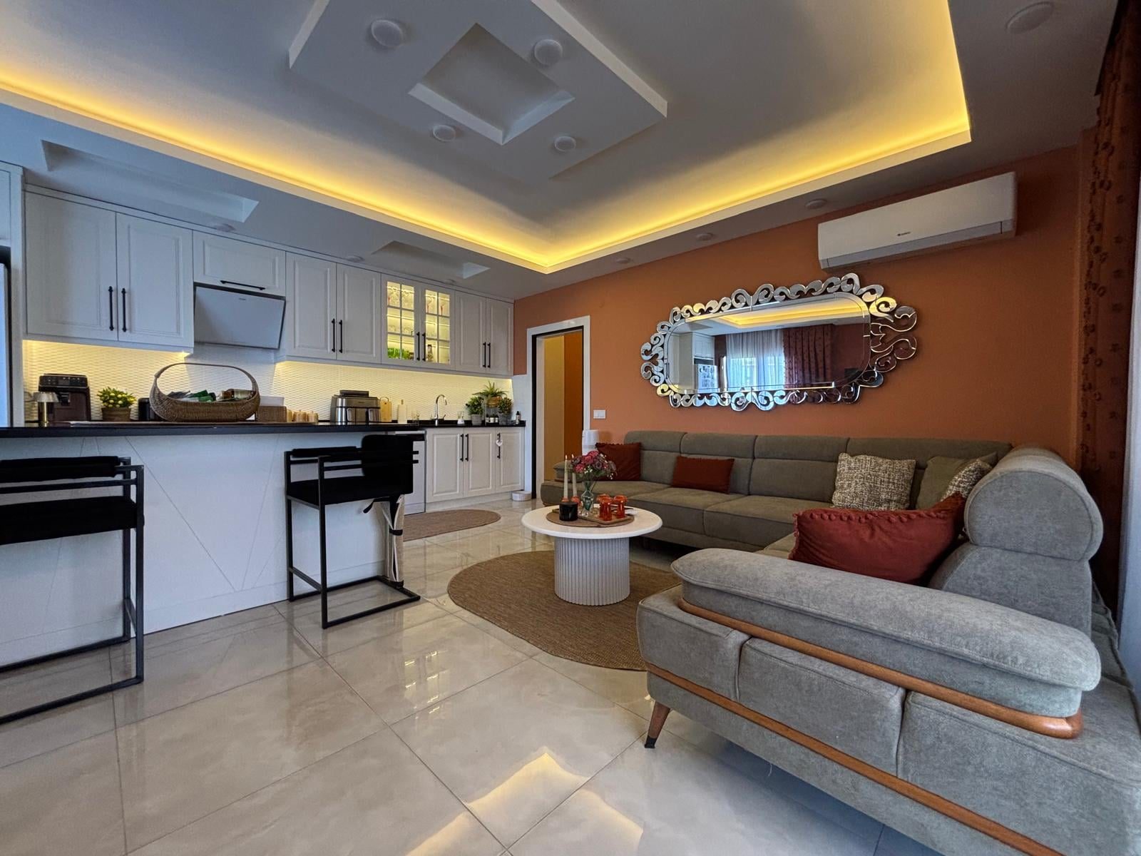 Furnished Apartment with Modern Decor, Living Room and Kitchen